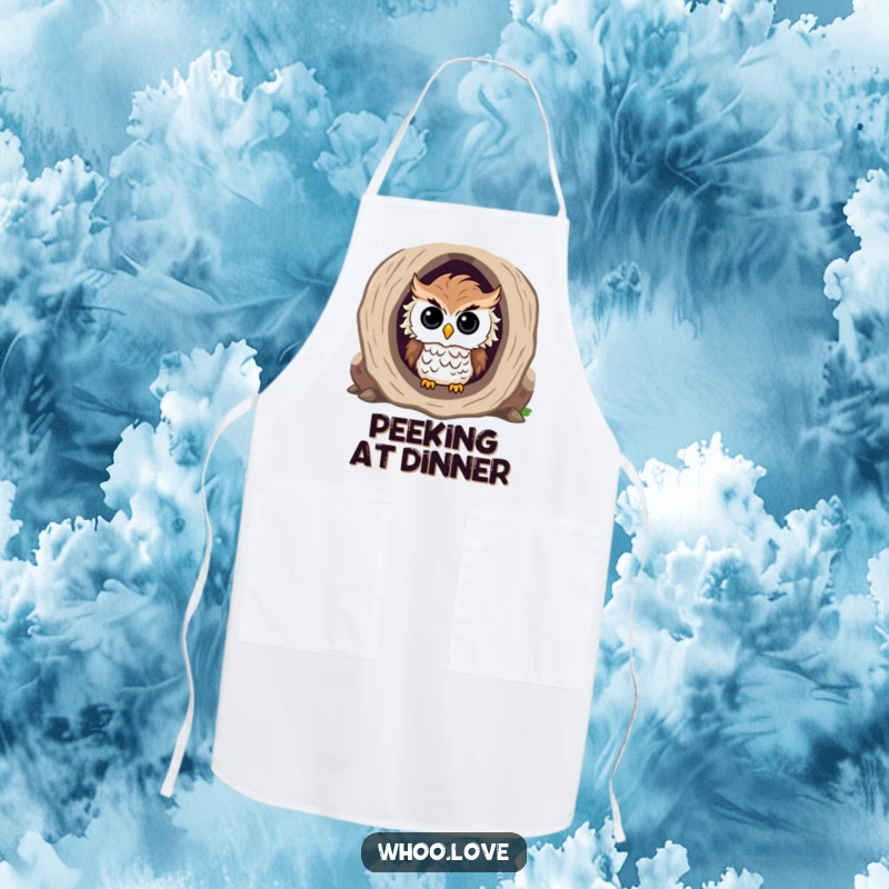 Funny apron featuring a curious owl with ruffled feathers peeking out from the entrance of a hollow log.