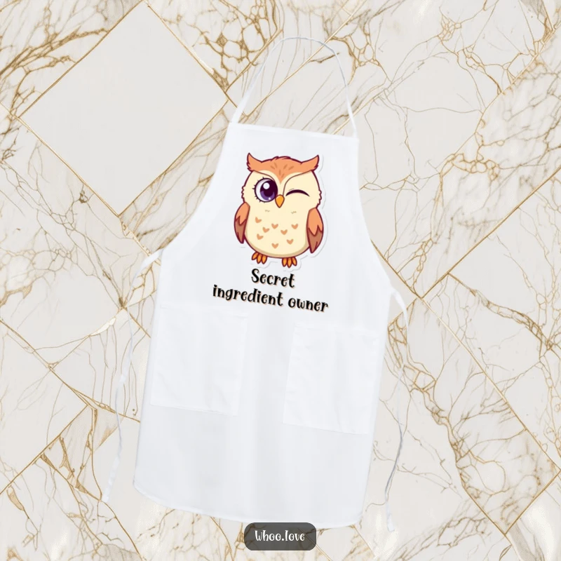 Funny Owl Secret Chef Apron: A mischievous owl character winking with its eye, ideal for kitchen fun and adding a hint of mystery.