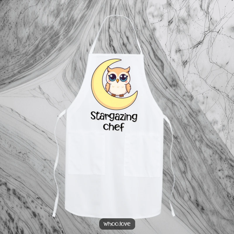 Funny apron with a small owl, large curious eyes, perched on a crescent moon, perfect for adding humor to cooking.