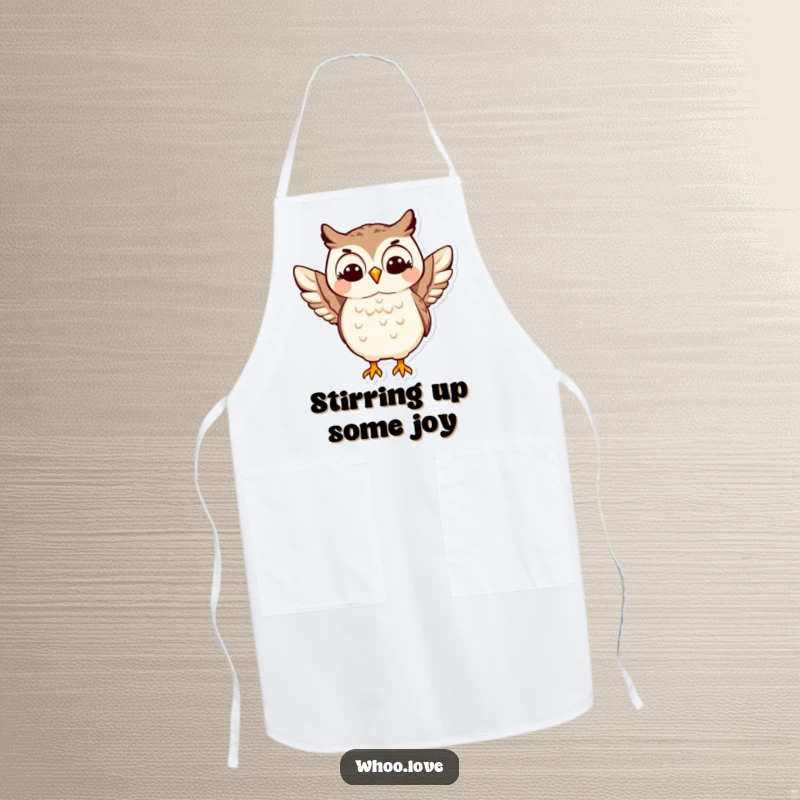 Funny Happy Owl Apron: A chef's apron featuring a joyful owl character doing a lively wing shimmy while preparing food with glee.