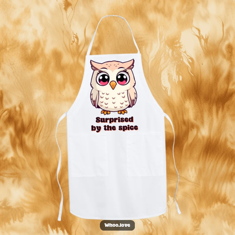 Funny surprised owl character apron, with wide, shocked eyes, ready for kitchen duty with a humorous, startled expression.