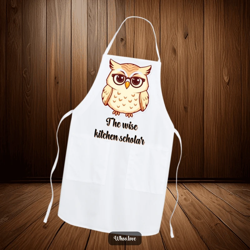 Funny owl apron, a curious character wearing tiny spectacles, kitchen wear for those who cook with intelligence and humor.
