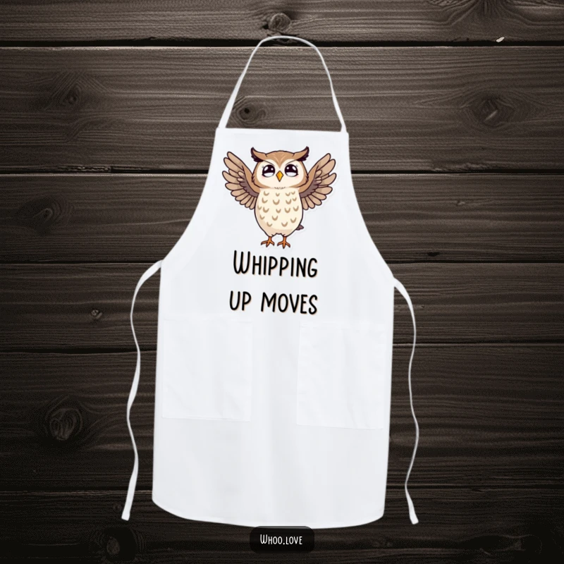 Funny apron featuring a striped owl in a dynamic dance, adding humor to culinary adventures.