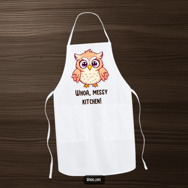 Funny surprised owl apron featuring an owl with wide eyes and puffed feathers, ready to tackle kitchen tasks with a humorous expression of shock.