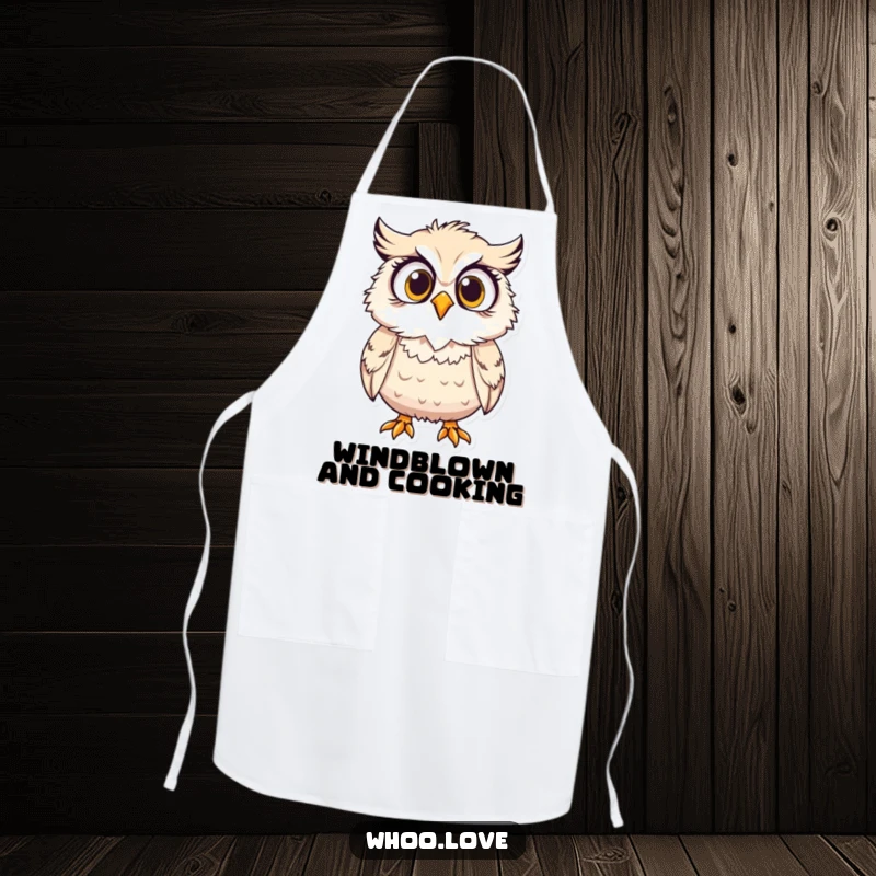 Funny apron, a surprised owl character with its feathers ruffled by wind, wearing a kitchen apron humorously.