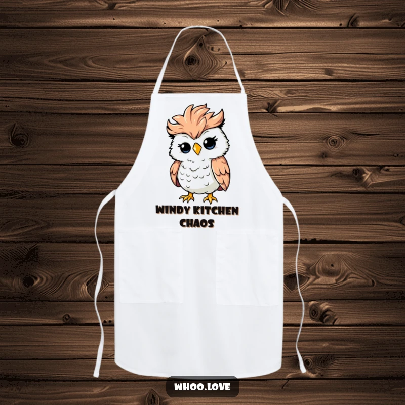 Funny silly owl with ruffled feathers caught in a strong wind gust, cute chaotic apron, practical and humorous gift for cooks.