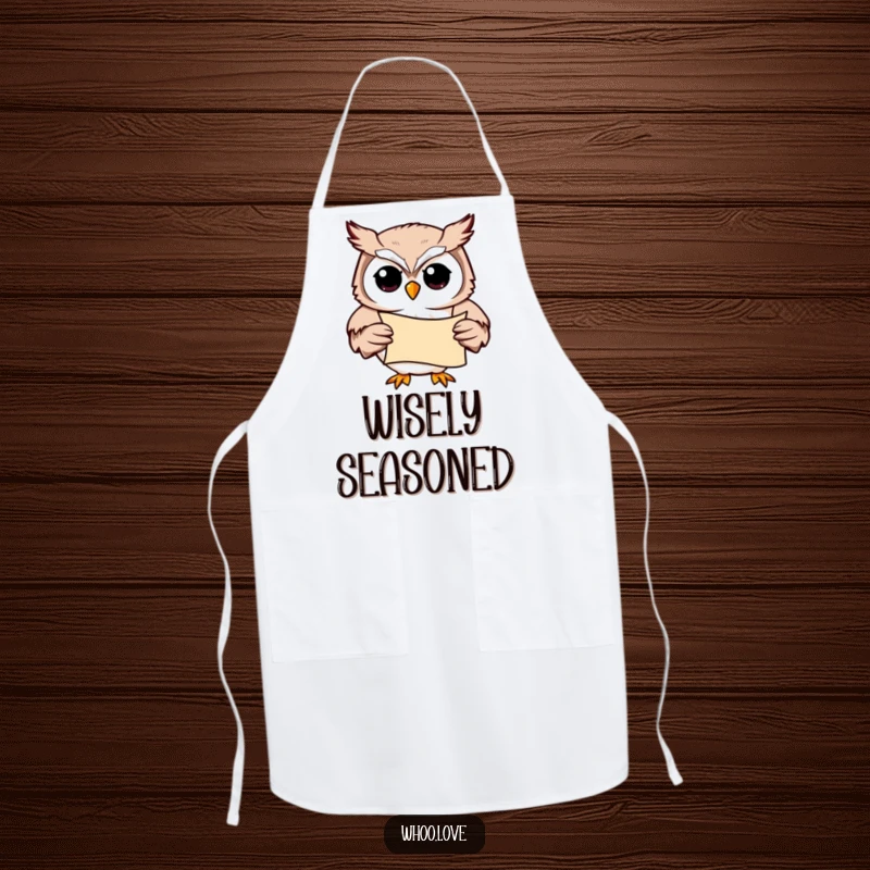 Funny Owl Professor Apron: A studious owl character holding a scroll, ideal for kitchen or classroom settings, adding a touch of wit.