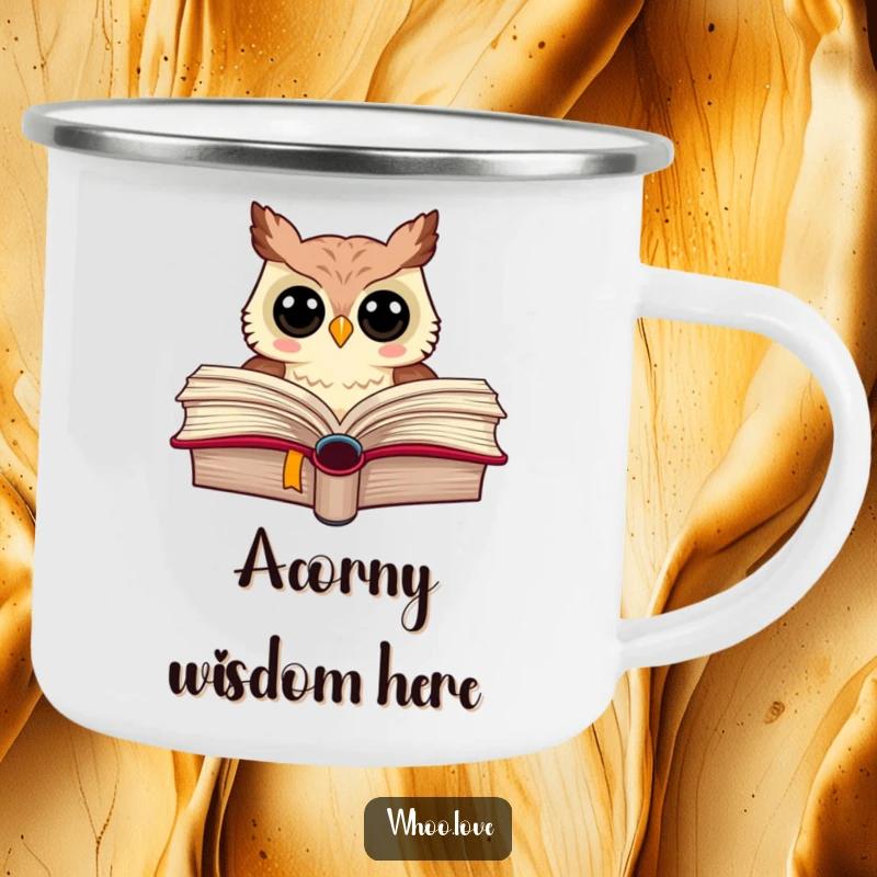 Funny enamel camping mug with an owl peeking from a book, perfect for outdoor reading and coffee.