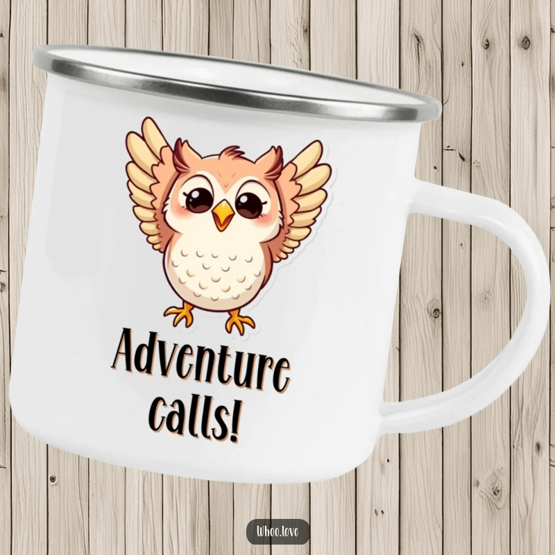Funny camping mug with an owl flapping its wings excitedly and a wide, radiant, happy grin, perfect for outdoor cheer.