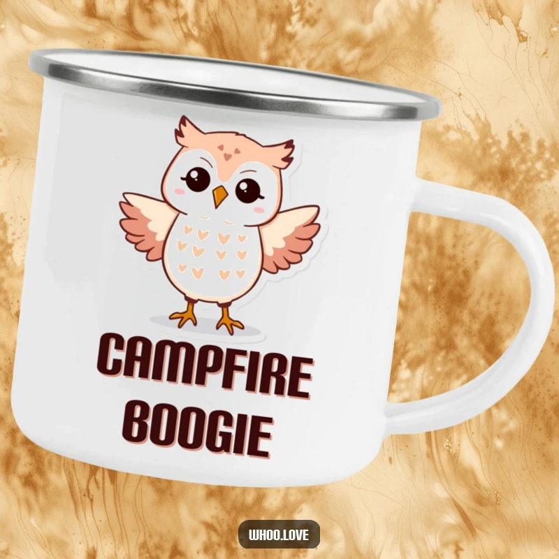 Funny Owl Camping Mug showing an owl doing a silly dance step, durable and humorous for outdoor use.