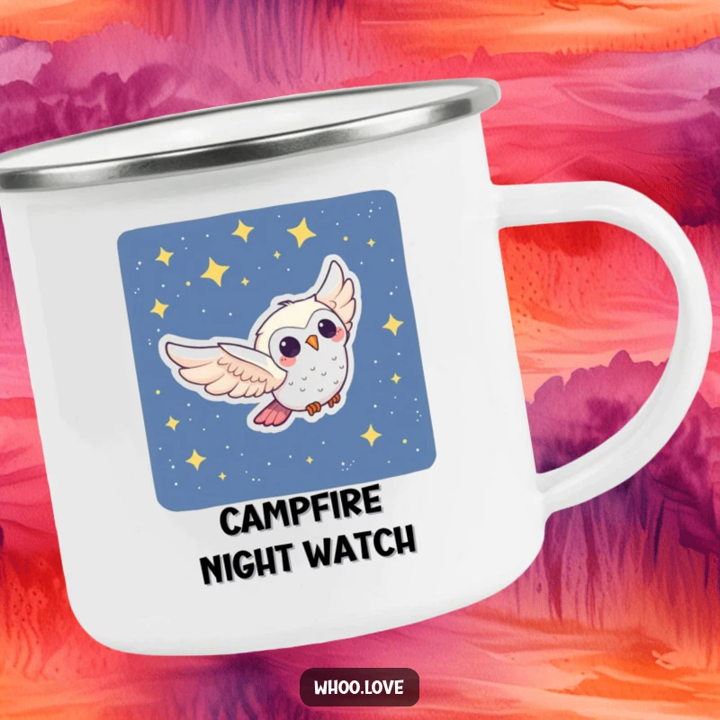 Funny Owl Camping Mug: A joyful owl character swooping through a starry night, ready for outdoor adventures and whimsical moments.