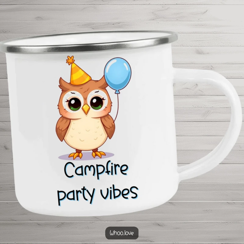 Funny party owl camping mug, showing an owl wearing a crooked party hat and holding a balloon, perfect for outdoor brews and festive moments.