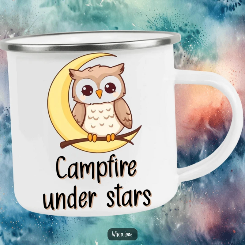 Funny moon owl camping mug with a happy owl perched on a crescent moon, durable for outdoor use and bringing humorous celestial vibes.