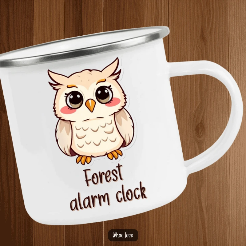 Funny enamel camping mug featuring a cheerful owl character hooting with immense joy during an outdoor adventure.