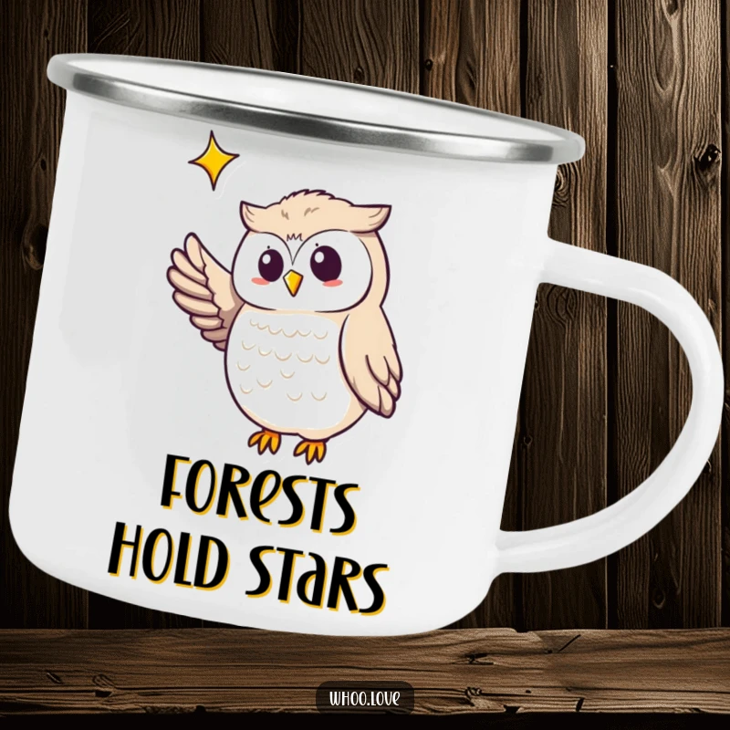 Funny owl camping mug featuring an owl pointing a wing at a twinkling star, ideal for outdoor adventures and hot drinks.