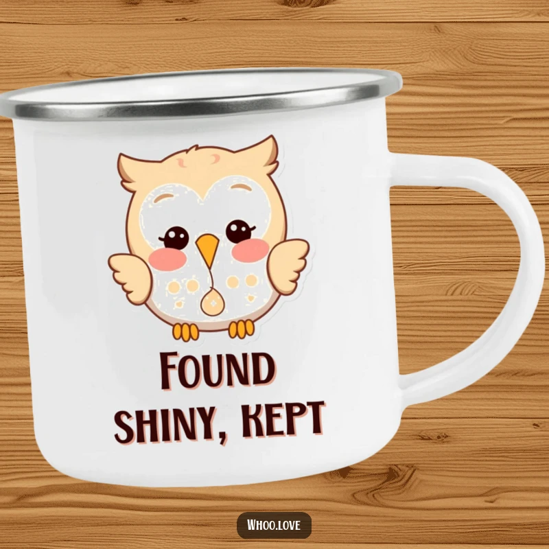 Funny enamel camping mug with a happy owl playfully dropping a small, shiny object with a joyful expression.