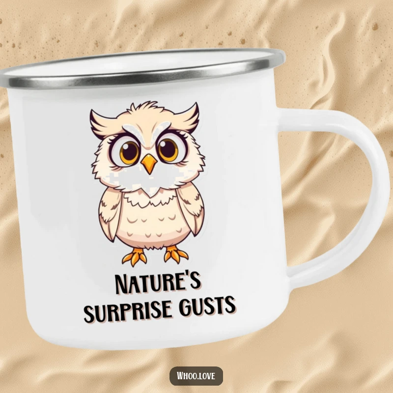 Funny camping mug, a surprised owl character with its feathers ruffled by wind, perfect for outdoor fun.