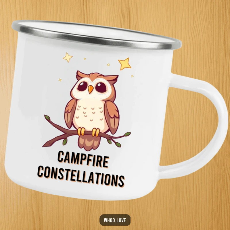 Funny enamel camping mug with a cheerful owl gazing at a starry night sky, perfect for outdoor enthusiasts.