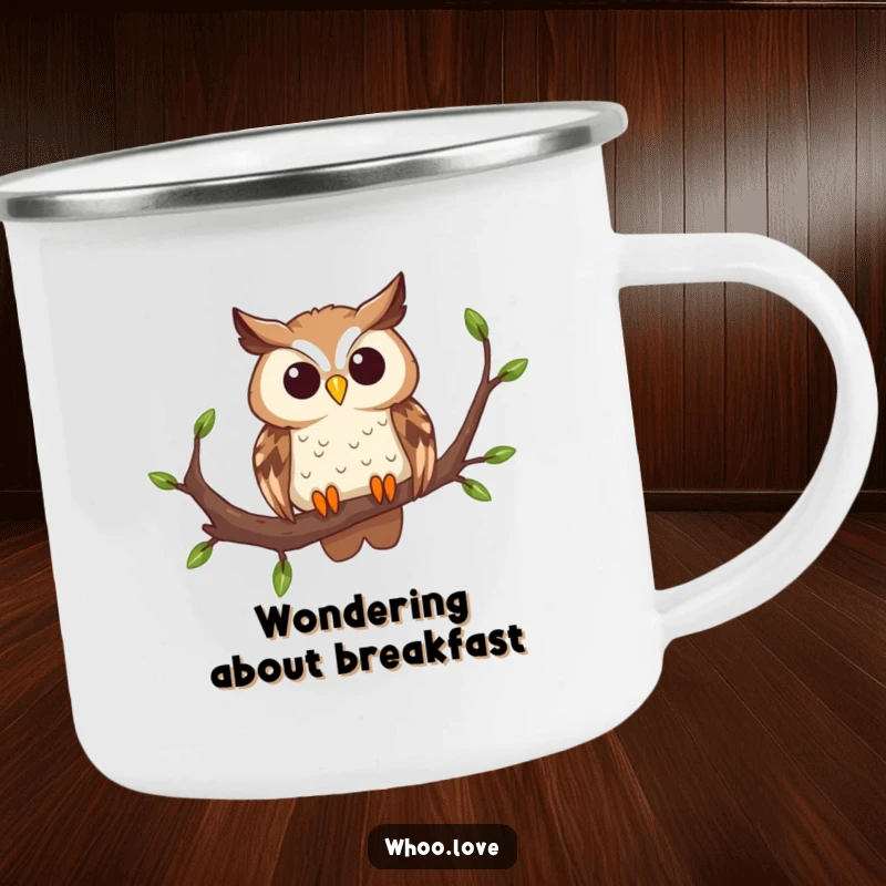 Funny curious owl camping mug, featuring an owl on a branch, head tilted in curiosity, perfect for outdoor brews and nature lovers.