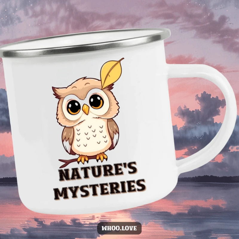 Funny enamel camping mug with a curious owl tilting its head at a falling leaf, perfect for contemplative campers, a funny gift.