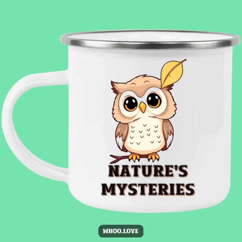 Funny Curious Owl Leaf Camping Mug: Ponder the Outdoors