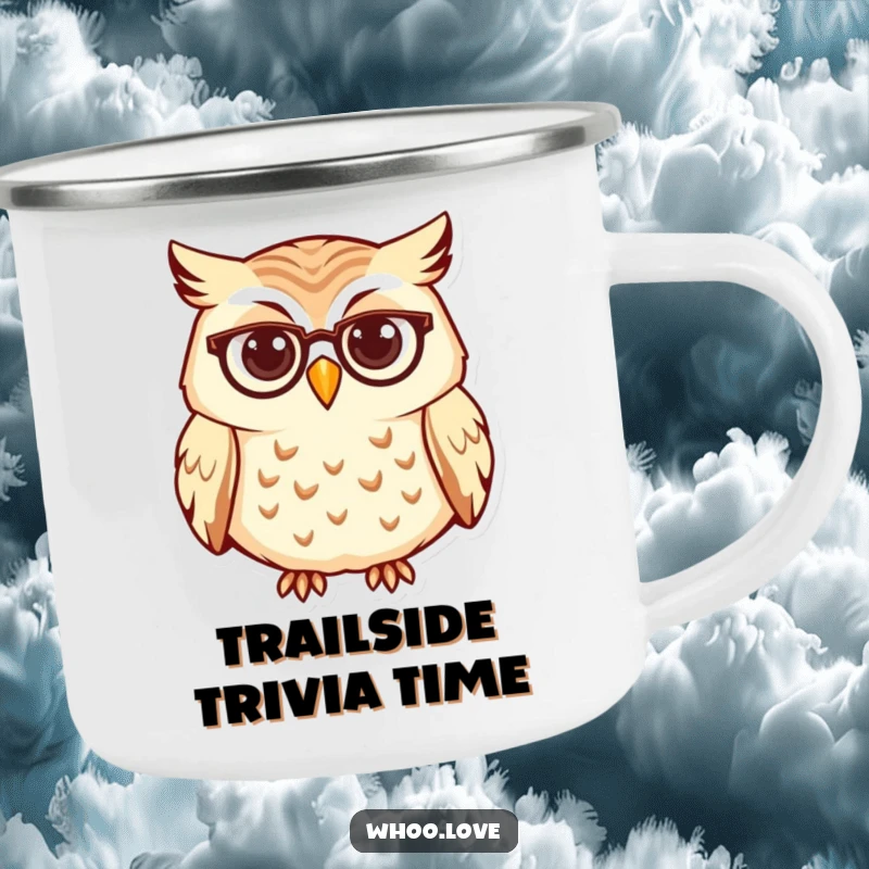 Funny owl camping mug, a curious character with tiny spectacles, durable and humorous for intellectual outdoor experiences.