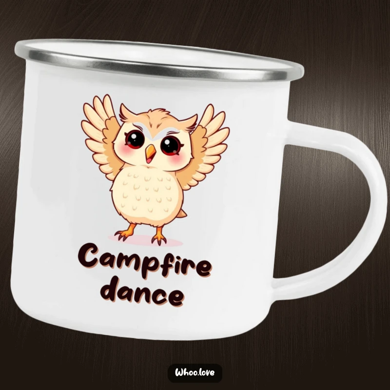 Funny camping mug with a kawaii owl performing a silly dance with its wings spread wide, perfect for outdoor fun.