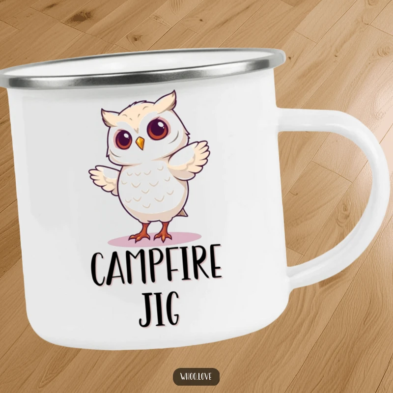 Funny enamel camping mug featuring an owl character performing a hilariously silly and energetic dance step outdoors.