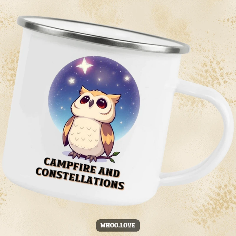 Funny Dreamy Owl Camping Mug: A durable mug featuring an owl looking up at a magical, star-filled night sky for your adventures.