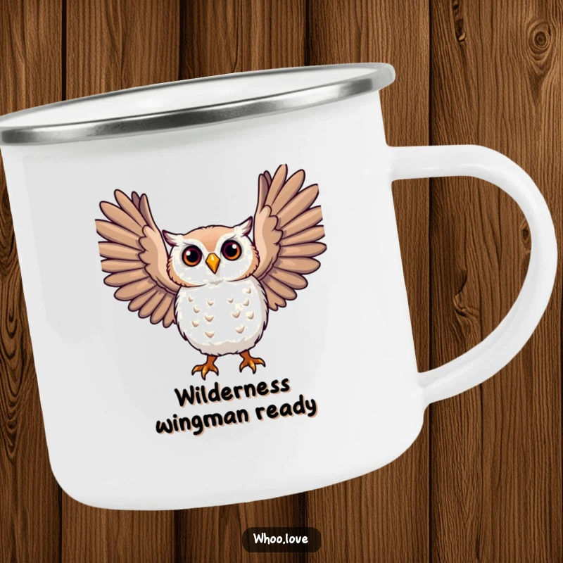 Funny owl camping mug, a character with large, expressive wings outstretched, durable and humorous for outdoor adventures.