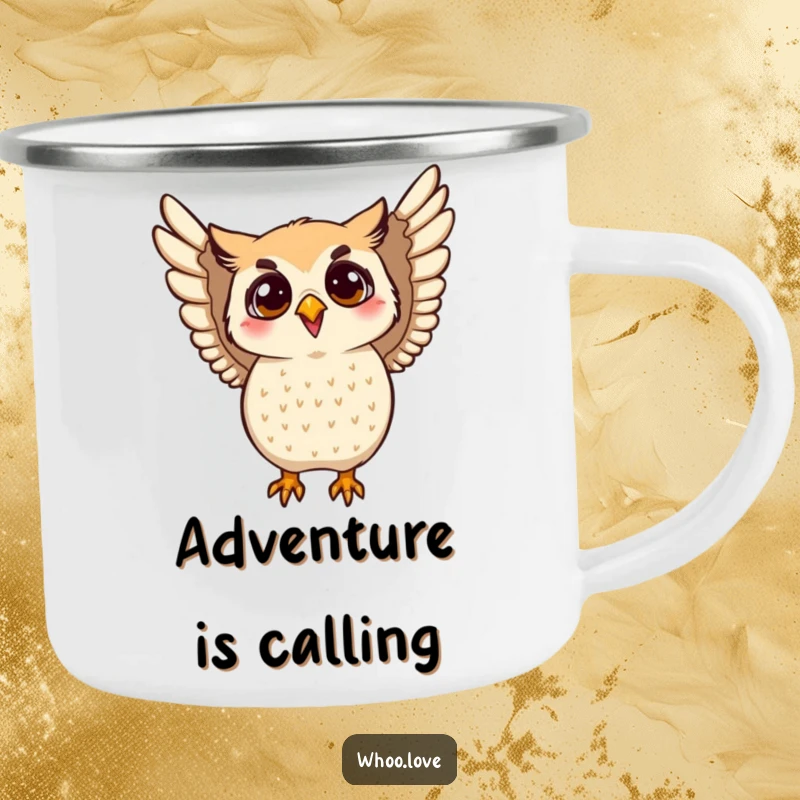 Funny flapping owl camping mug showing an owl energetically flapping its wings. A durable and humorous mug for outdoor use.