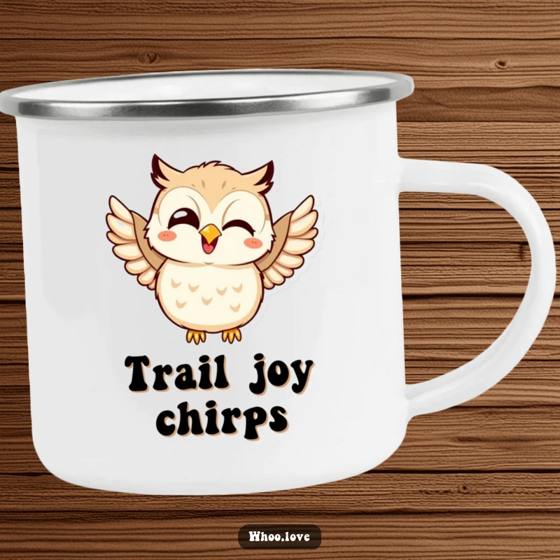 Funny camping mug with a kawaii owl giggling and joyfully flapping its wings, perfect for happy outdoor adventures.
