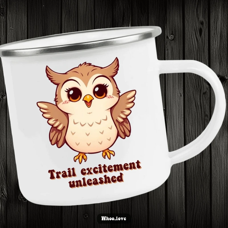 Funny camping mug with a little owl enthusiastically flapping tiny wings, looking surprised and happy, for outdoor fun.
