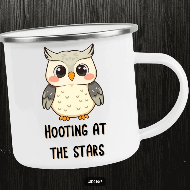 Funny smiling owl character camping mug, shown hooting with a big smile, perfect for outdoor adventures and cheerful sipping.