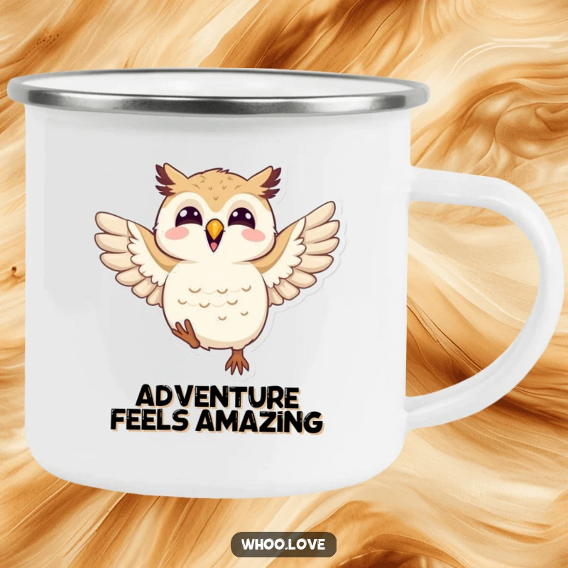 Funny joyful owl camping mug depicting an owl flapping its wings in celebration, durable for outdoor use and bringing humorous happiness.