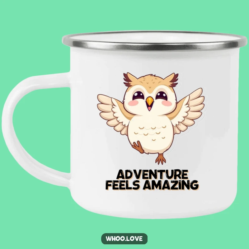 Funny Joyful Owl Camping Mug: Flapping Wings Happy Enamel Cup, Great Gift