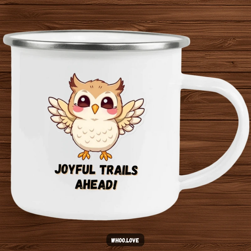 Funny enamel camping mug with a playful owl character flapping its wings with pure joy, perfect for happy campers, a funny gift.