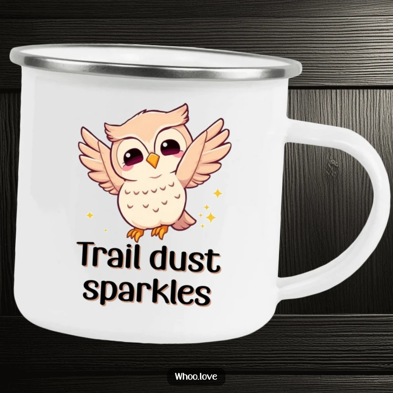 Funny joyful owl camping mug, showing an owl fluttering its wings with a sparkly trail, perfect for outdoor brews and spreading magical vibes.