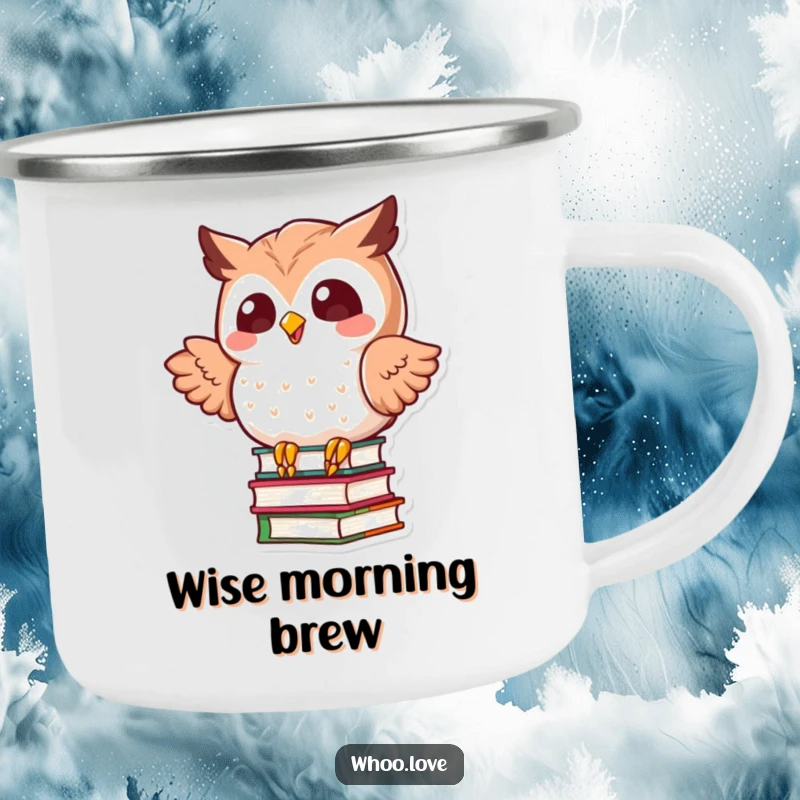 Funny kawaii owl in a dynamic pose, balancing a stack of books, on a rugged enamel camping mug for outdoor adventures.