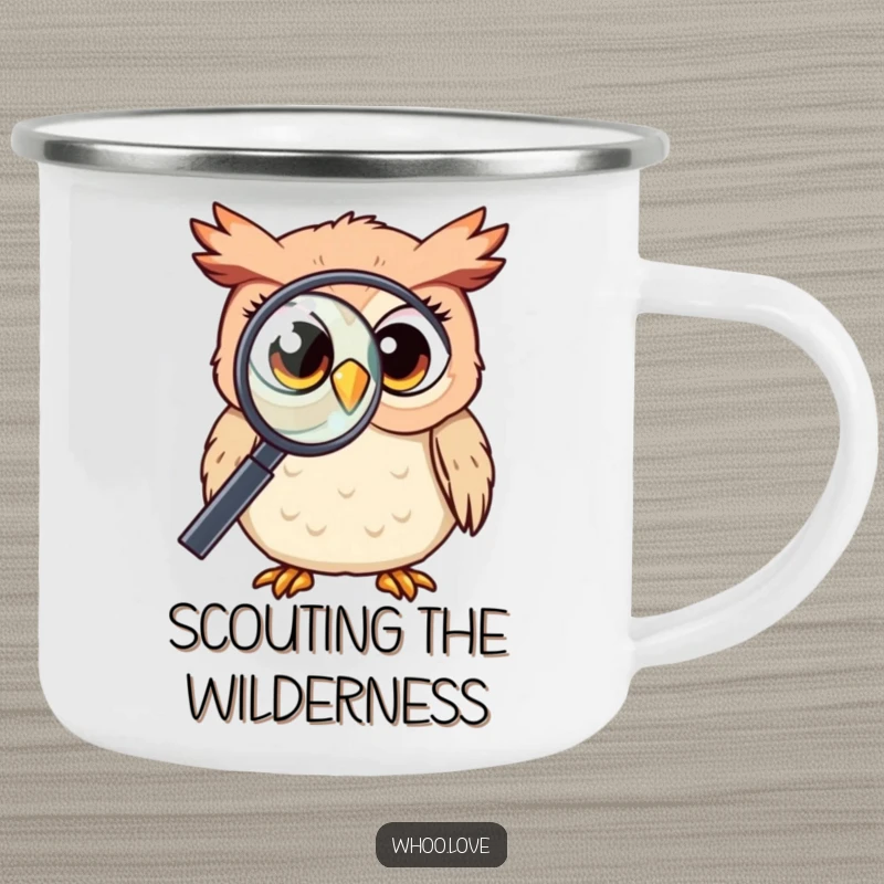 Funny Kawaii owl with curious eyes, peering through a magnifying glass in the woods, durable enamel, outdoor exploration, perfect funny gift.