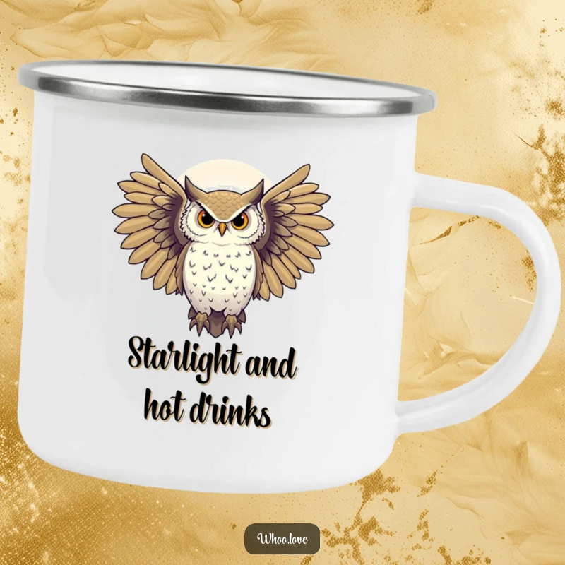 Funny majestic owl with wings spread against a starry night sky, mystical camping mug, durable and inspiring gift.