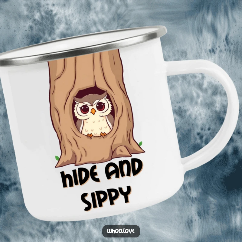 Funny owl camping mug featuring a mischievous owl peeking from a hollow tree trunk, ready for outdoor fun and cheeky brews.