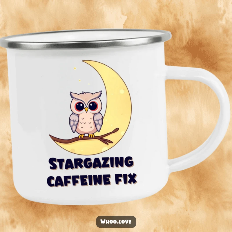 Funny moon owl camping mug showing an owl perched on a crescent moon. A durable and humorous mug for outdoor use.
