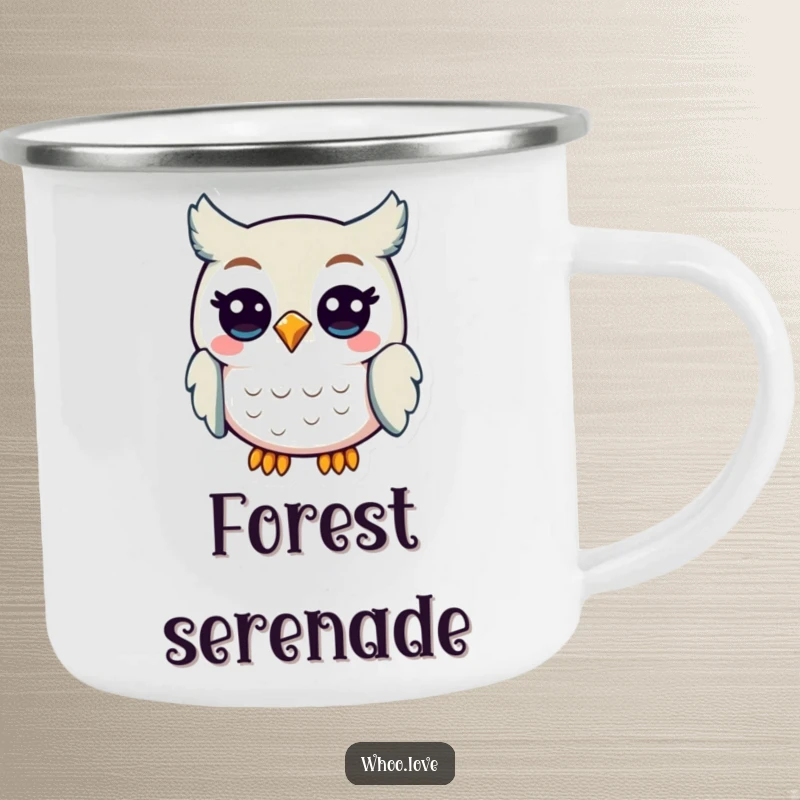 Funny Owl Camp Cheer Mug: A durable mug featuring a cheerful owl character hooting happily, perfect for outdoor enjoyment.