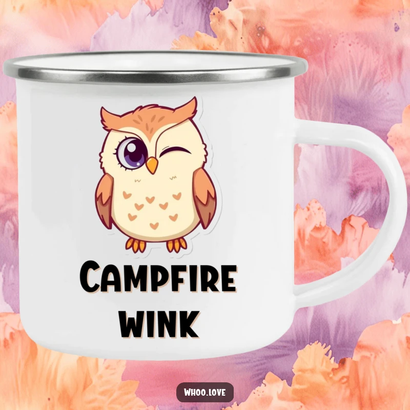 Funny Owl Camp Wink Mug: A durable mug featuring a mischievous owl character winking, perfect for sharing secrets under the stars.
