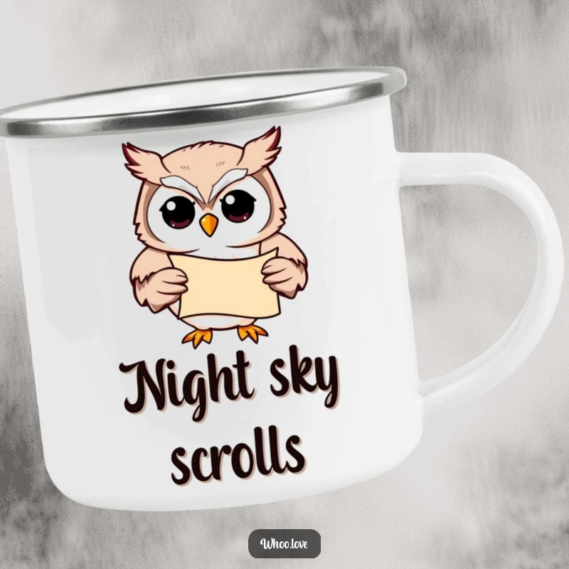 Funny Owl Camp Wisdom Mug: A durable mug featuring a studious owl with a scroll, perfect for nighttime contemplation.