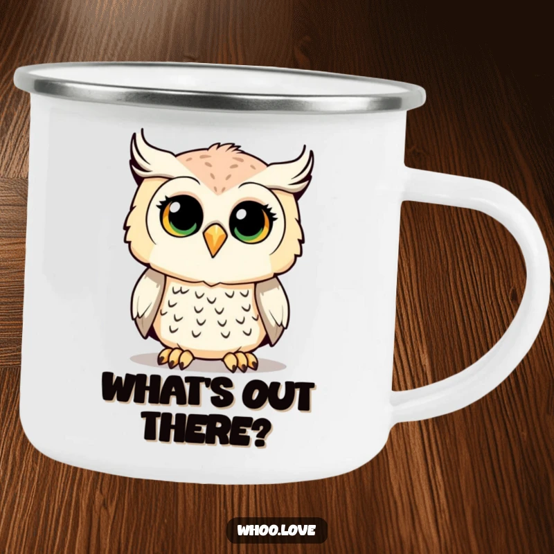 Funny Owl Camping Mug featuring a curious owl, durable for outdoor adventures and a touch of humor.
