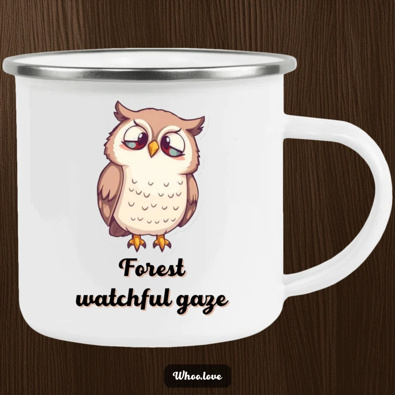 Funny Owl Curiosity Camping Mug featuring a wise owl character looking down inquisitively, ideal for outdoor use and smiles.