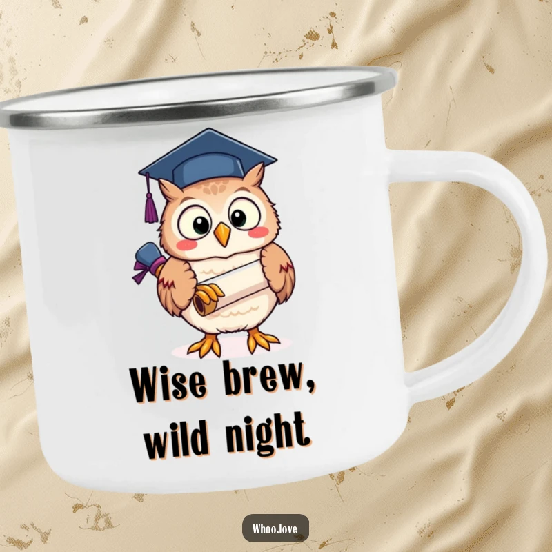 Funny owl holding a graduation scroll, depicted on a rugged camping mug, ready for outdoor adventures.