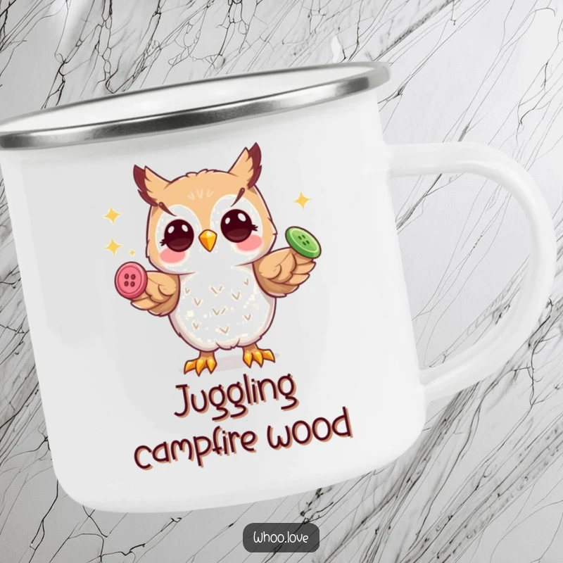 Funny playful owl camping mug, owl skillfully juggling buttons, durable for outdoor fun and whimsy.
